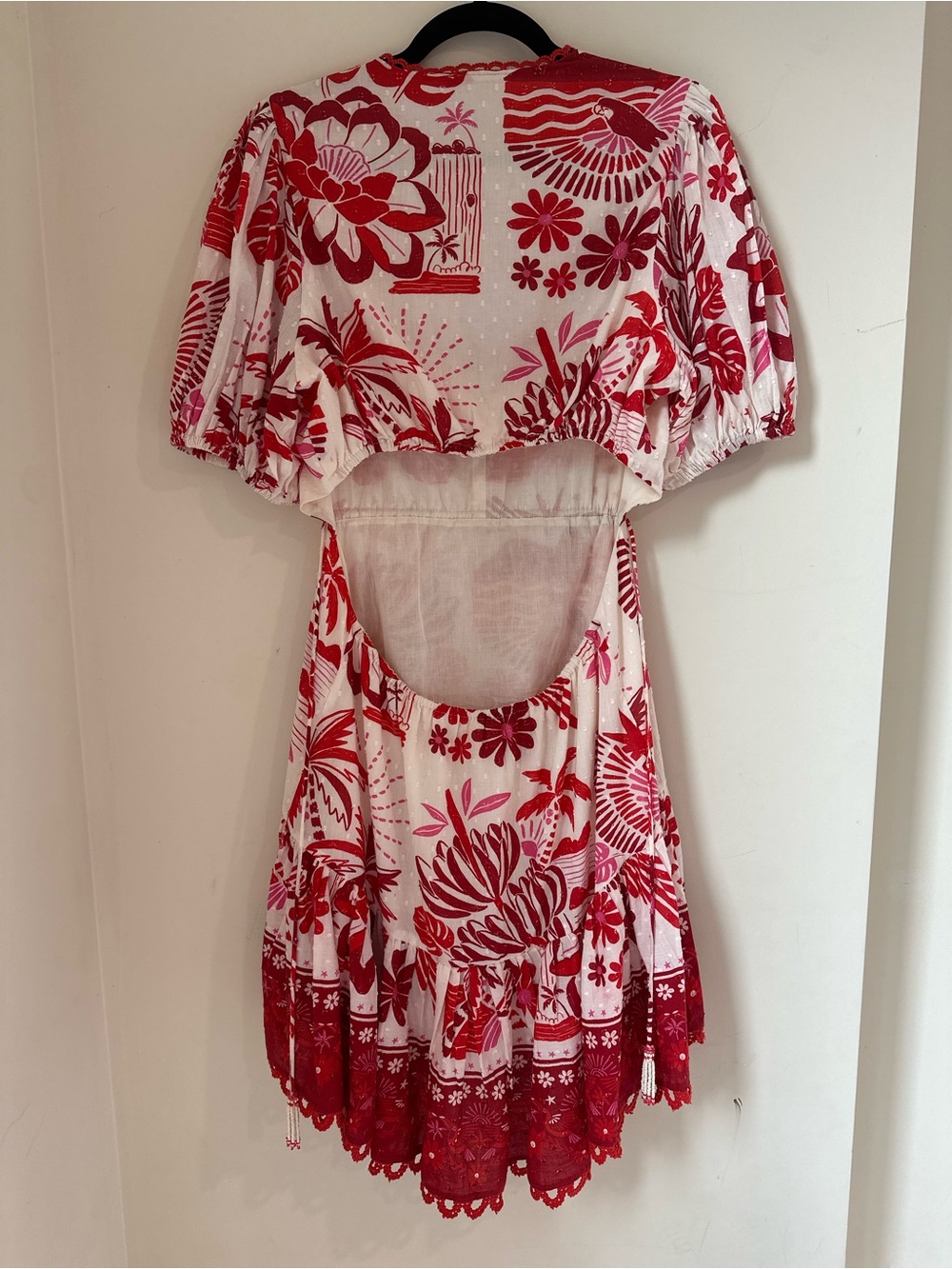 Farm Rio Tropical Floral Open Back Cotton Midi Dress Red Pink Size M Resort - Picture 3 of 12